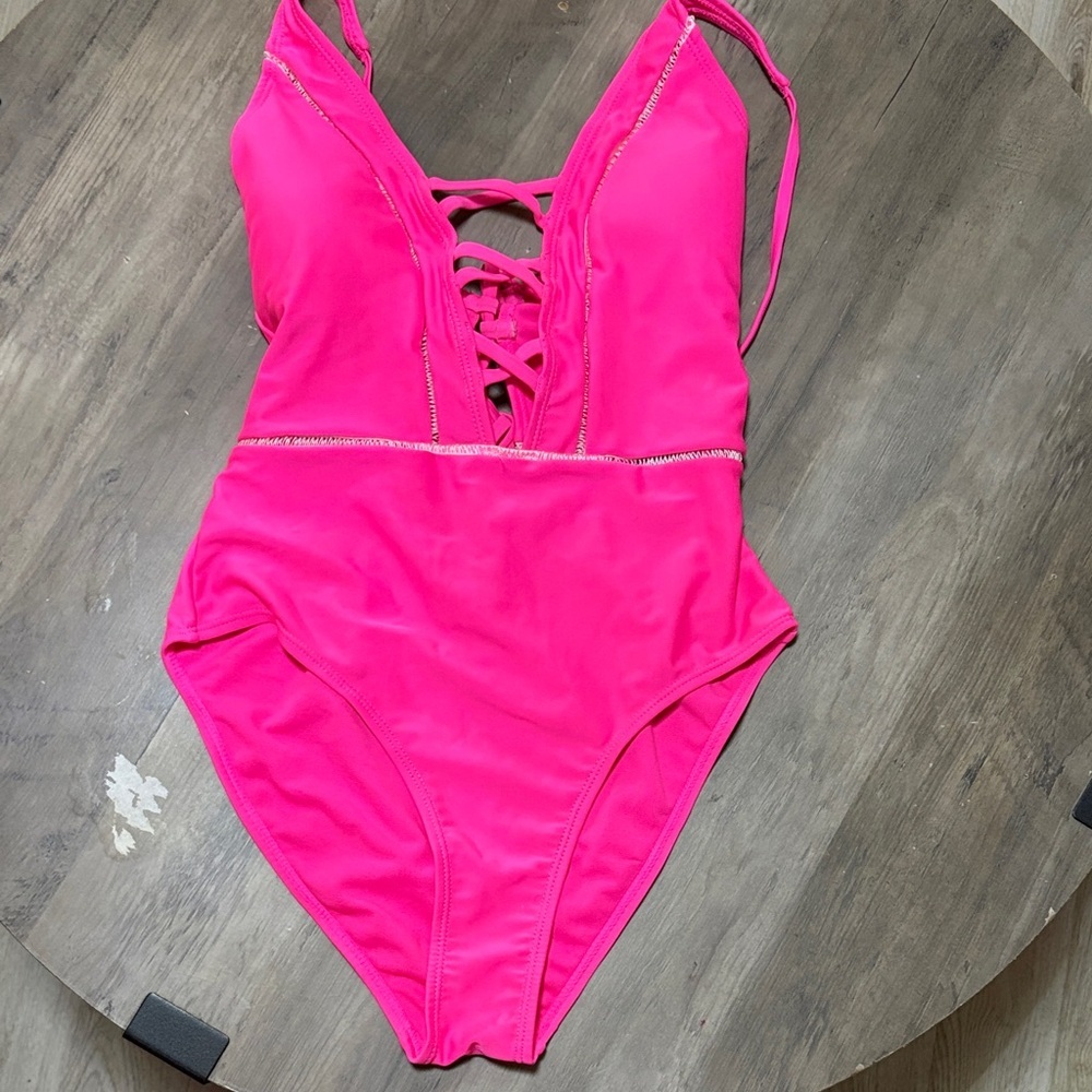 XOXO Hot Pink Lace-Up One-Piece Swimsuit